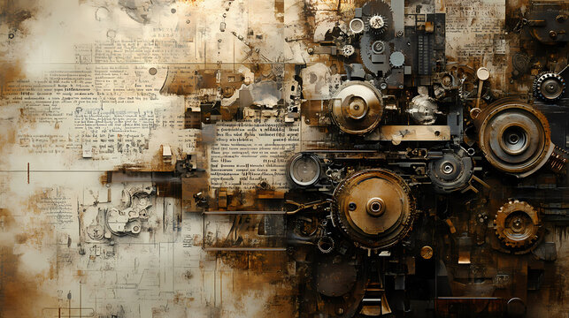Surreal dadaism backdrop with mechanical parts and fragmented text in soft light. Mechanical Gods. Illustration
