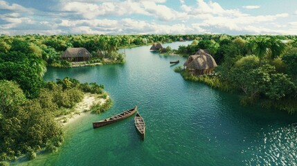 Fototapeta premium Tranquil Lagoon with Dugout Canoes and Lush Tropical Landscape