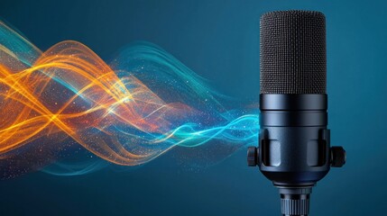 Studio microphone, sound waves, blue background, podcasting