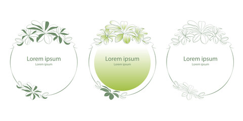A collection of graphic flower frames. Round frames, made in green colors, decorated with hand -drawn with delicate leaves. Illustration for invitations, gift cards, advertising.