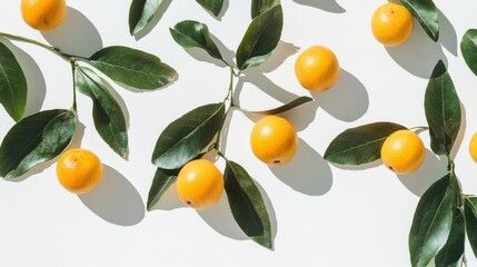 Fresh Yellow Fruits And Green Leaves On White Background