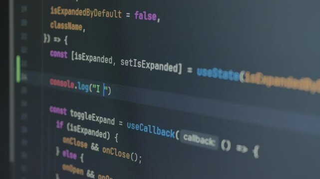 Typing "I love coding" in code editor, console. Technology background for software developer and Computer script concept. Programming React.js, Next.js, JavaScript, HTML. Close up video