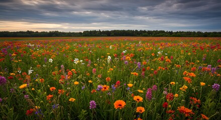 Obraz premium Vibrant Wildflower Meadow at Dusk with Overcast Sky Landscape