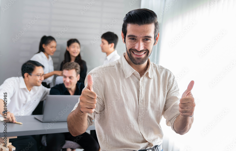 Poster confidence and happy smiling businessman portrait with background of his colleague and business team