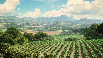Fototapeta premium Sunlit Terrace Overlooking Potato Farmland with Mountain View