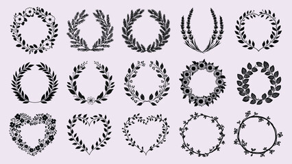 Elegant floral wreath designs isolated illustration, vector set