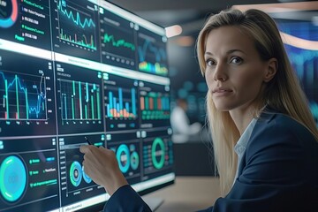 A futuristic computer dashboard displaying multiple insurance options for cars, travel, family, life, financial, and health being used by a businesswoman.