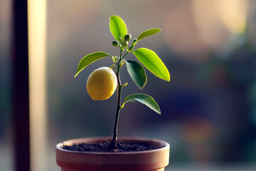 A small potted lemon tree with a single ripe fruit, bathed in warm sunlight, symbolizing growth, patience, and natural beauty