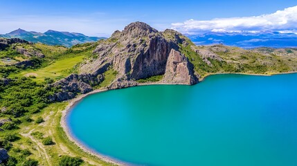 Obraz premium Alpine Lake Panorama With Lush Vegetation And Rocky Mountains
