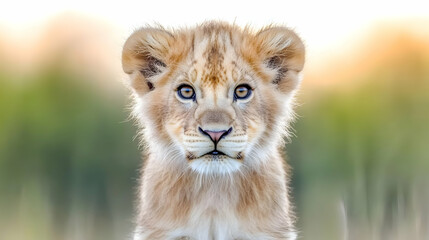 Obraz premium Lion cub portrait, sunset savanna, wildlife, nature