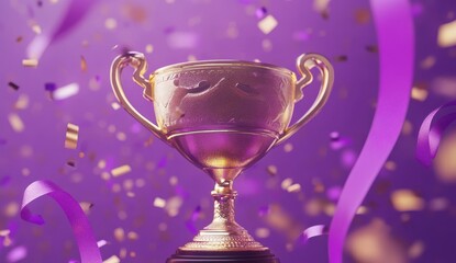 Golden Trophy Award With Purple Confetti And Ribbons