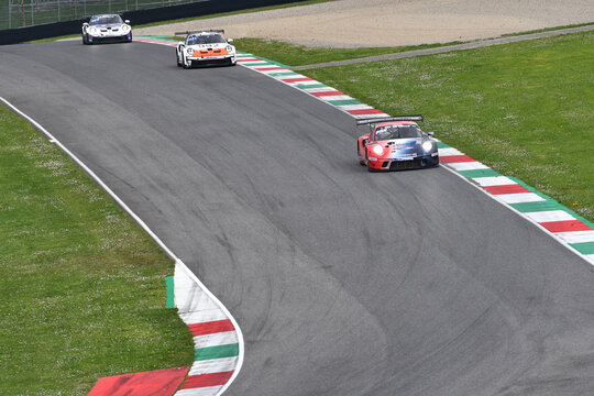 Scarperia, 23 March 2024 Italy: Porsche 911 GT3 R (991 II) of Team E2P Racing drive by Burguera-Sainero-Parente in action during 12h Hankook at Mugello Circuit.