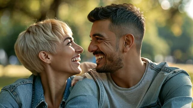Joyful Young Couple Sharing a Moment of Laughter in a Sunny Park, Close-Up Shot Capturing Love and Connection