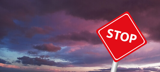 stop tornado warning sing against a powerful stormy background with copy space. dirty and angled sing with cyclonic winds add to the drama