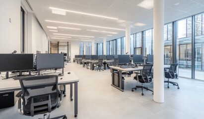 Modern office computers workspace, glass windows, building exterior view