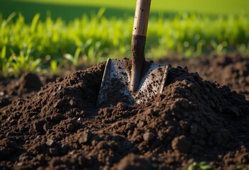 Shovel stuck in a mound of rich, dark soil with scattered dirt, set on a farm with sunlight casting long shadows and a lush green field in the background
Generative AI