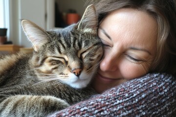 A woman cuddling a cat in her lap, both indoors