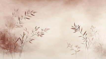 Fototapeta premium Blush And Cream Watercolor Background With Subtle Line Drawings Of Leaves Flowers Romantic Pastel