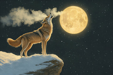 Wolf howls under the moon, exhaling vapor from its mouth, atop a snowy peak on a clear starry night. Animal behaviour in nature