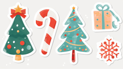Festive christmas stickers set with trees, candy cane, gift, and snowflake for holiday decor