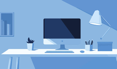 Minimalist Office Desk Setup with Computer Monitor in Blue and Gray Vector