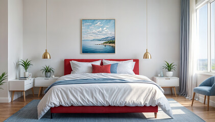 This image shows a modern bedroom with a king bed decorated with white and red pillows. The room has a wooden headboard and white bedside tables.