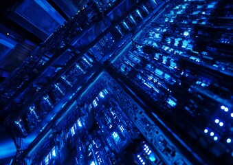 Blue-lit server room, data center, high-angle view, network infrastructure, technology background