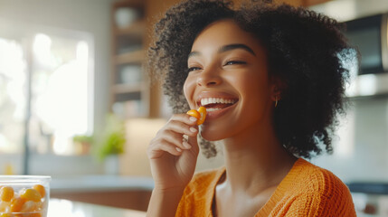 Healthy lifestyle concept with smiling woman enjoying multivitamin gummy in bright kitchen setting
