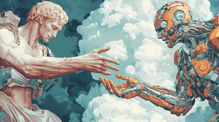 A contemporary twist on the creation of adam, where technology intersects with human experience. Mechanical Gods. Illustration