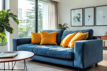 Fototapeta premium Minimalist interior design of modern living room, home. Blue sofa with yellow pillows near window.