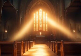 Illuminated Church Interior With Stained Glass Window