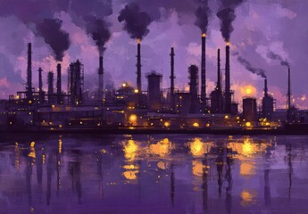 Industrial Factory Complex At Twilight With Purple Hues And Reflections