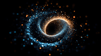 Abstract swirling galaxy of blue and orange glittering particles on black background