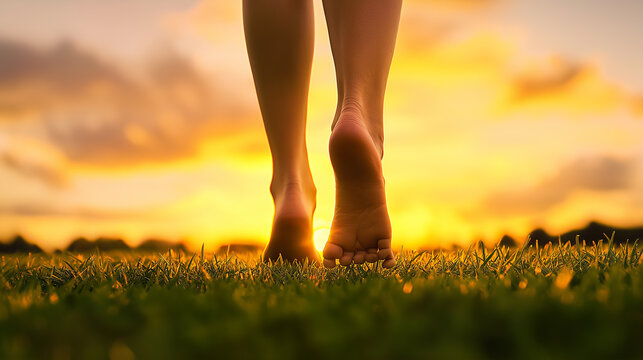 Barefoot person walking on fresh green grass at sunset, symbolizing nature, mindfulness, relaxation, peacefulness, summer freedom, and connection to earth in a warm golden evening glow outdoor setting