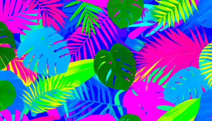 Fototapeta premium Vibrant Tropical Leaves In Neon Colors, Abstract Background For Summer Themes, Party Invitations, Travel Promotions, And Fashion Designs, Ideal For Branding, Advertising, And Digital Prints.