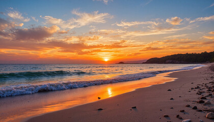 Fototapeta premium Serene beach at sunset reflecting vibrant colors, natural beauty