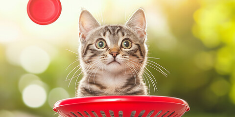 Adorable tabby kitten with wide eyes watching a red frisbee, playful expression, set against a bright green outdoor background, symbolizing curiosity, pets, fun, and energetic feline behavior in natur