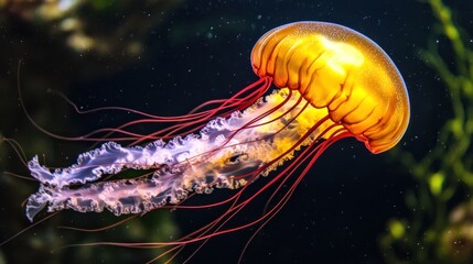 Fototapeta premium Golden Jellyfish Swims Gracefully Through Dark Water
