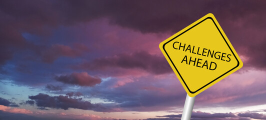 Challenges ahead sign. Black on yellow diamond background. Road safety signs and symbols.