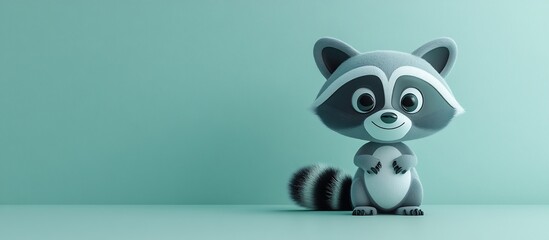 Naklejka premium Cute cartoon raccoon character standing on a mint green background, smiling happily
