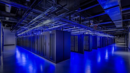 Data center servers, blue lit, rows, network infrastructure, technology
