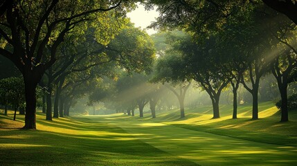 Obraz premium Sunlit trees line golf course fairway, misty morning