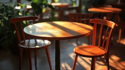 Fototapeta premium Sunny cafe table, chairs, plants, sunlight, interior, breakfast, menu, restaurant