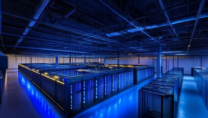 Data center servers, blue lighting, network infrastructure, technology, computing