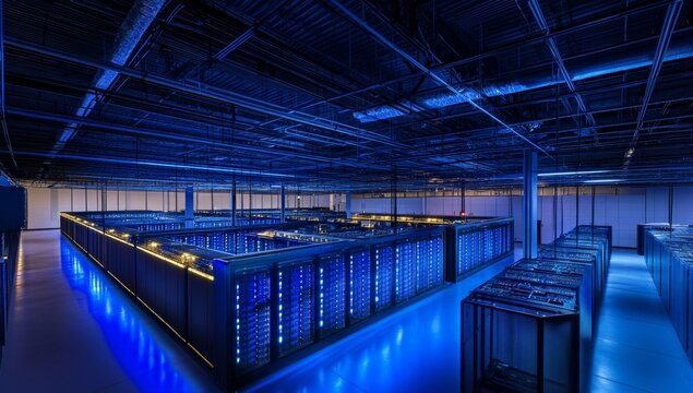 Data center servers, blue lighting, network infrastructure, technology, computing