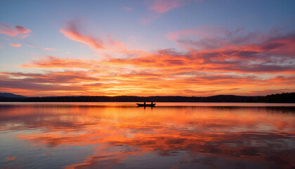 Obraz premium Tranquil sunset over serene lake with lone fisherman in boat, reflection