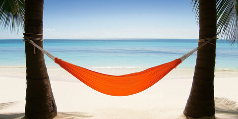 Relaxing beach scene with bright orange hammock tied between two palm trees over white sand, overlooking turquoise ocean, symbolizing tropical vacation, summer leisure, paradise escape, and coastal
