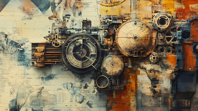Disjointed mechanical parts and faded maps blend on a vibrant dadaism wallpaper. Mechanical Gods. Illustration