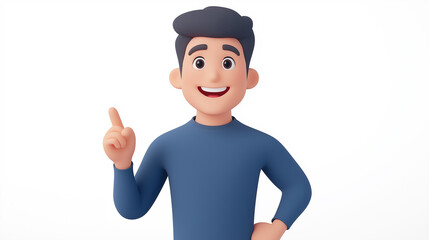 3D cartoon character with happy facial expression, wearing a blue sweater, pointing up with one hand and showing thumbs-up, symbolizing approval, positivity, encouragement, communication, and friendly