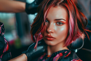 Naklejka premium AI generated image of person getting hair styled at salon